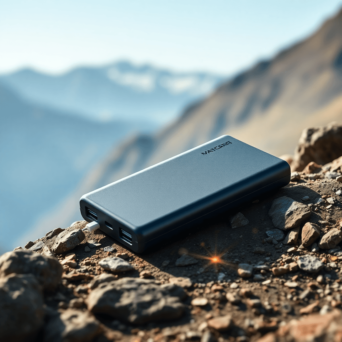 Modern, elegáns hordozható power bank természetes terepen, hegyek és tiszta égbolt háttérrel, finom fény- és elektromos szikrákkal az energia jelképeként.