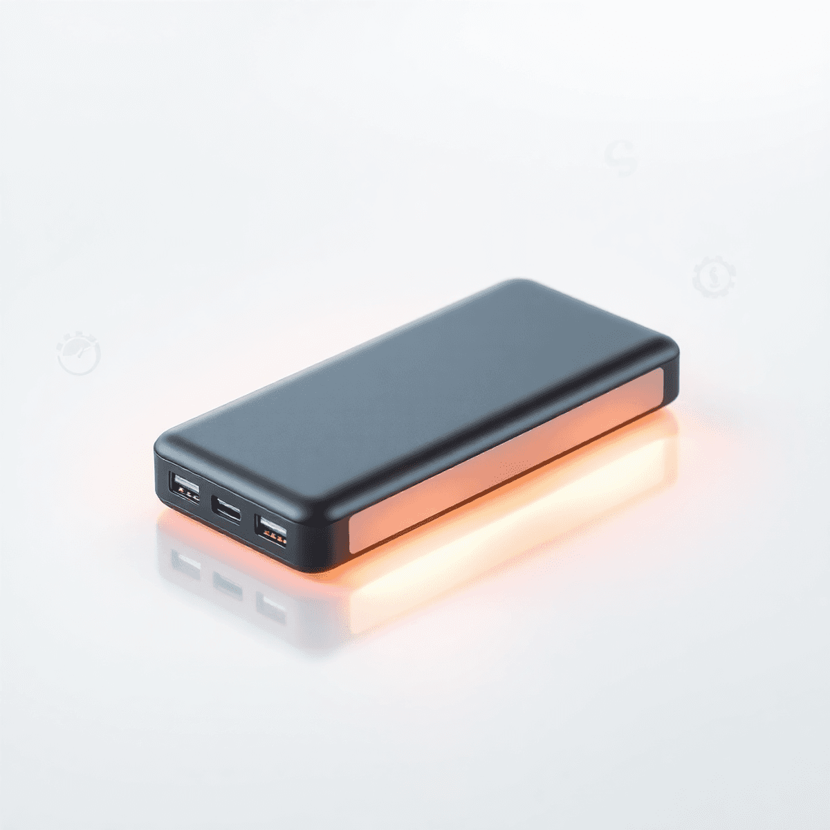 Modern, fénylő hordozható power bank letisztult felületen, körülötte energiaszimbólumok, dinamikus háttér az innováció és hatékonyság jegyében.