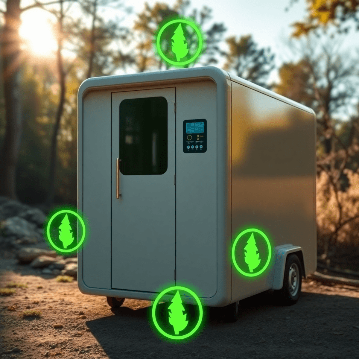 Modern hordozható akkumulátor zöld energiával, napsütötte erdei háttér előtt, az öko-barát és energiatakarékos technológiát szimbolizálva.